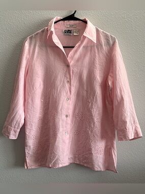 Edward Irish Linen Pink Embroidered Eyelet Button Front Blouse Size Small